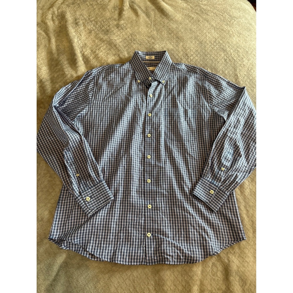 Peter‎ Millar Mens Blue White Cotton Silk Micro Check Button Down Shirt Large